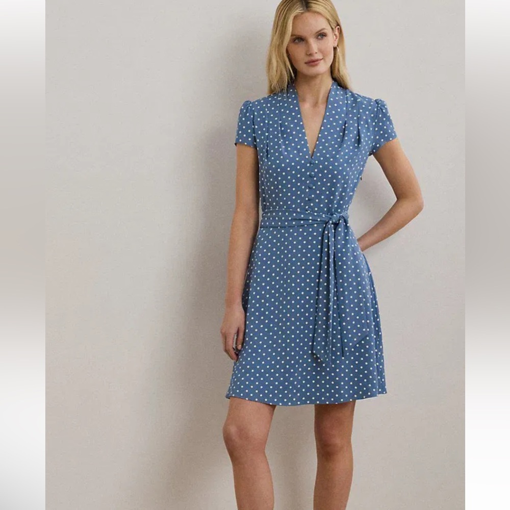 Ralph Lauren Polka Dot Belted Short Sleeve Midi Dress Size: 14